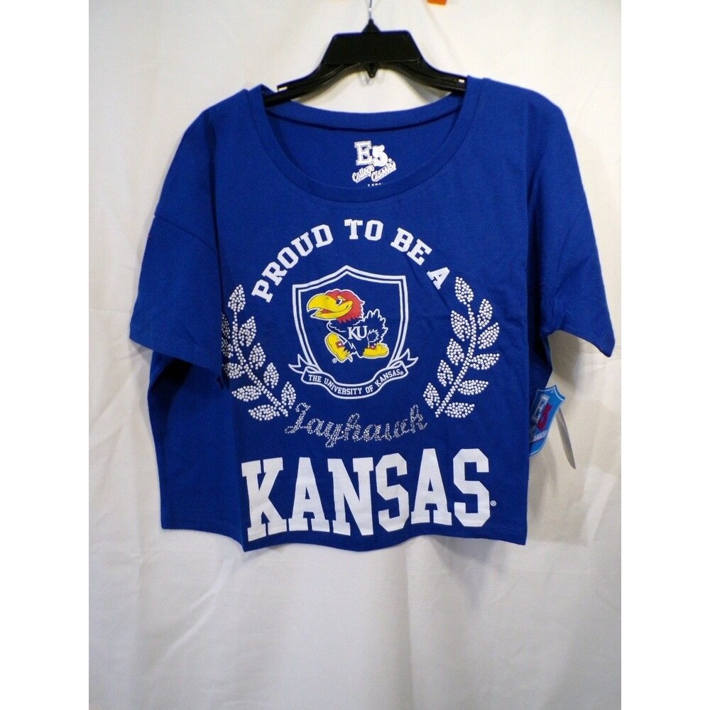 E5 College Classics Women's Kansas Jayhawks Cropped T-Shirt Large Blue